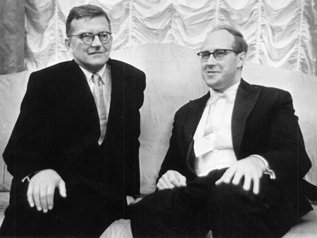 <p>With Mstislav Rostropovich in the Blue Room of the…</p>