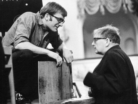 <p>With Maxim Shostakovich and David Oistrakh during …</p>