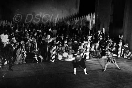 <p>Scene of the duel from the play “Hamlet” (1932) at…</p>